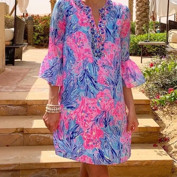 Lilly Pulitzer ELENORA SILK DRESS Periwinkle Purple Fan Sea Pants M - Picture 8 of 11